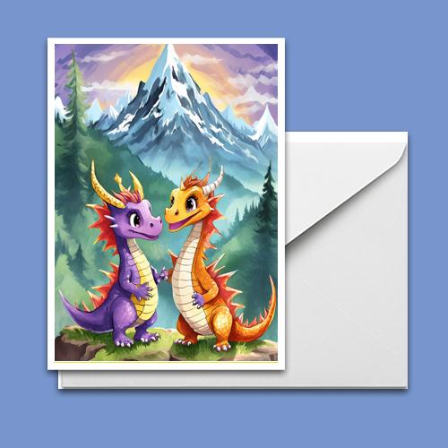 Greeting Card - Baby Dragons Mountains - Premium Greeting Card