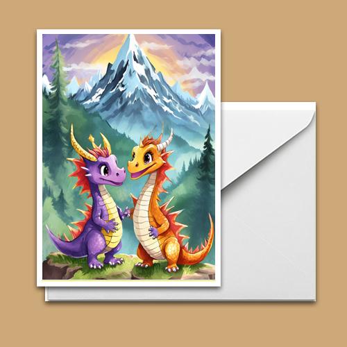 Greeting Card - Baby Dragons Mountains - Premium Greeting Card