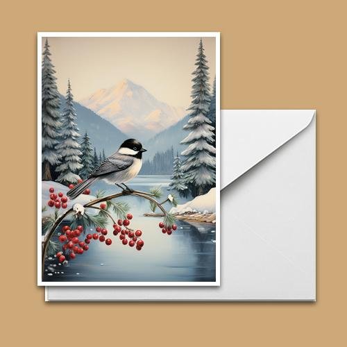 Greeting Card - Chickadee on the Holly - Premium Greeting Card