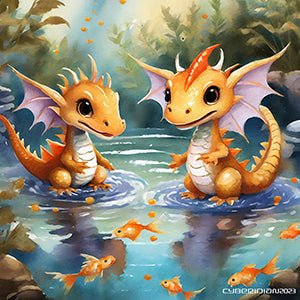 Baby Dragons Play with Goldfish - Art Print - Framed - Premium Framed Art Print