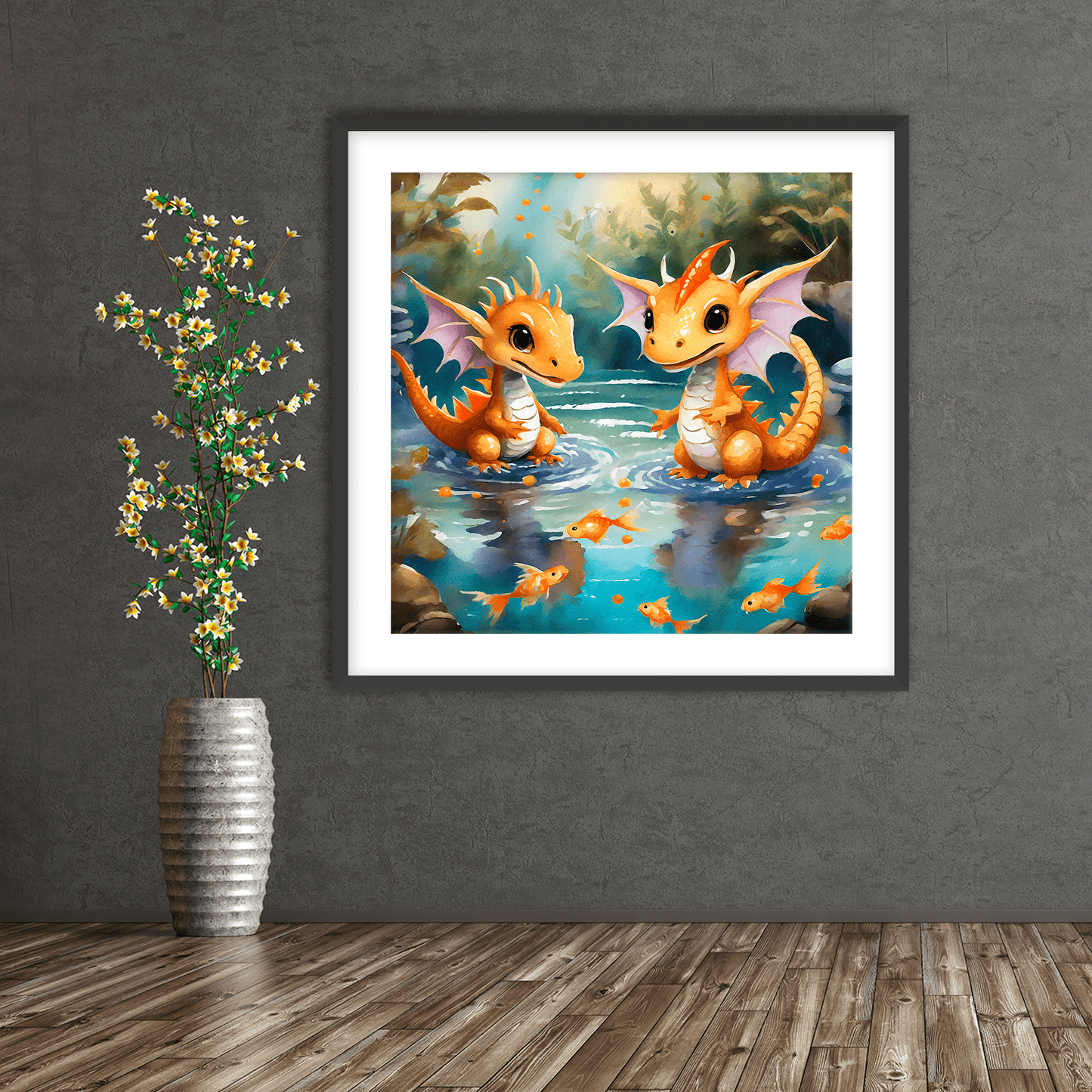 Baby Dragons Play with Goldfish - Art Print - Framed - Premium Framed Art Print