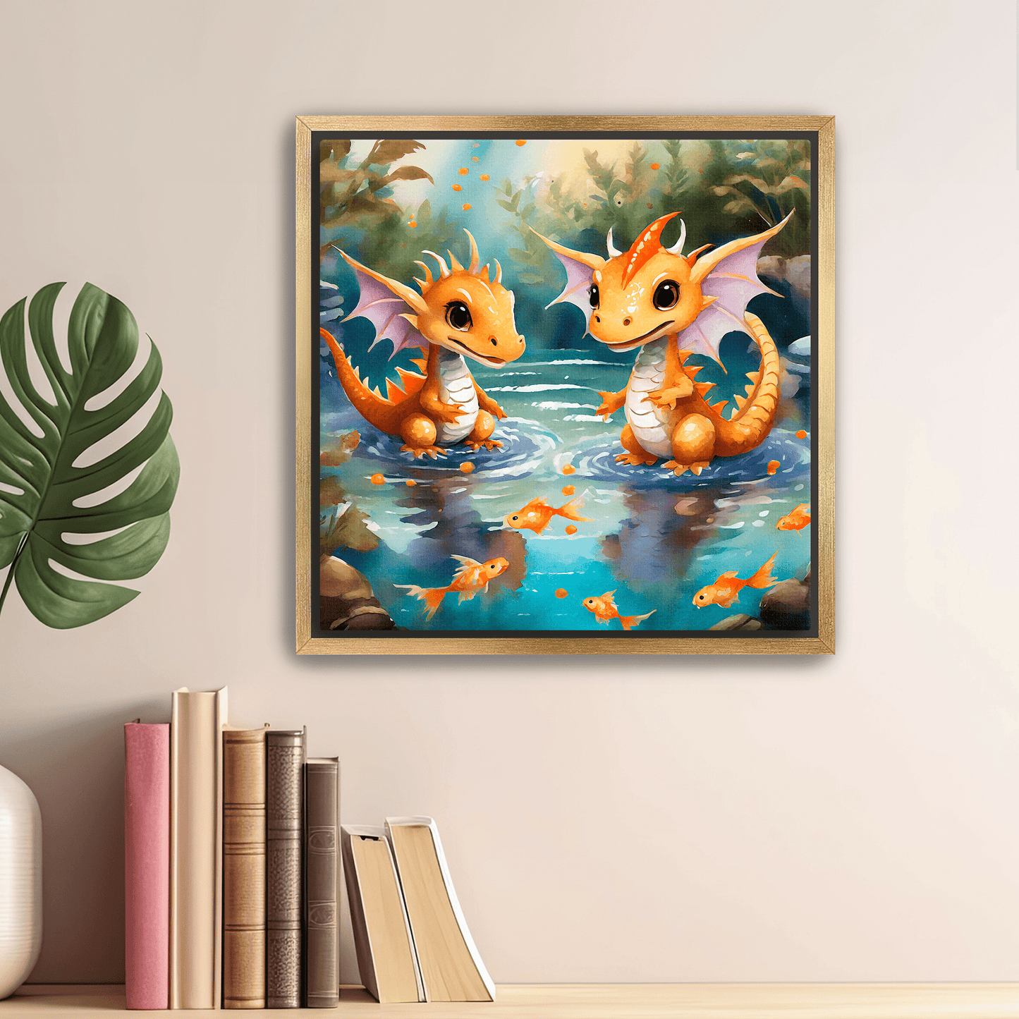 Baby Dragons Play with Goldfish - Canvas Wrap - Premium Canvas Wrap