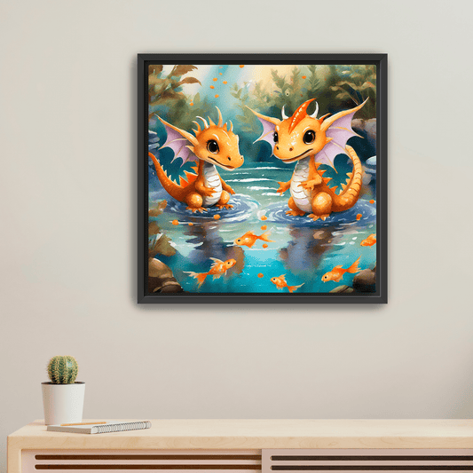 Baby Dragons Play with Goldfish - Canvas Wrap - Premium Canvas Print