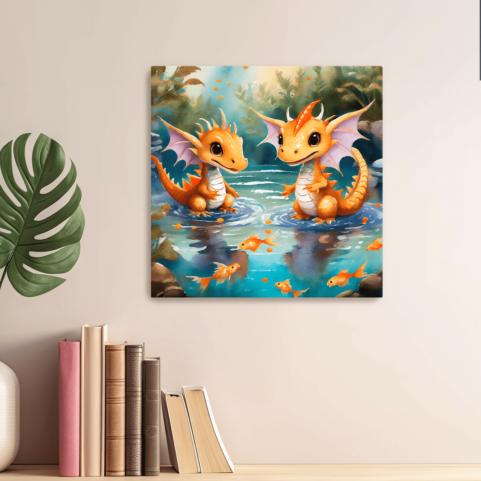 Baby Dragons Play with Goldfish - Metal Poster - Premium Metal Poster