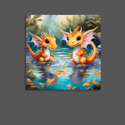 Baby Dragons Play with Goldfish - Metal Poster - Premium Metal Print