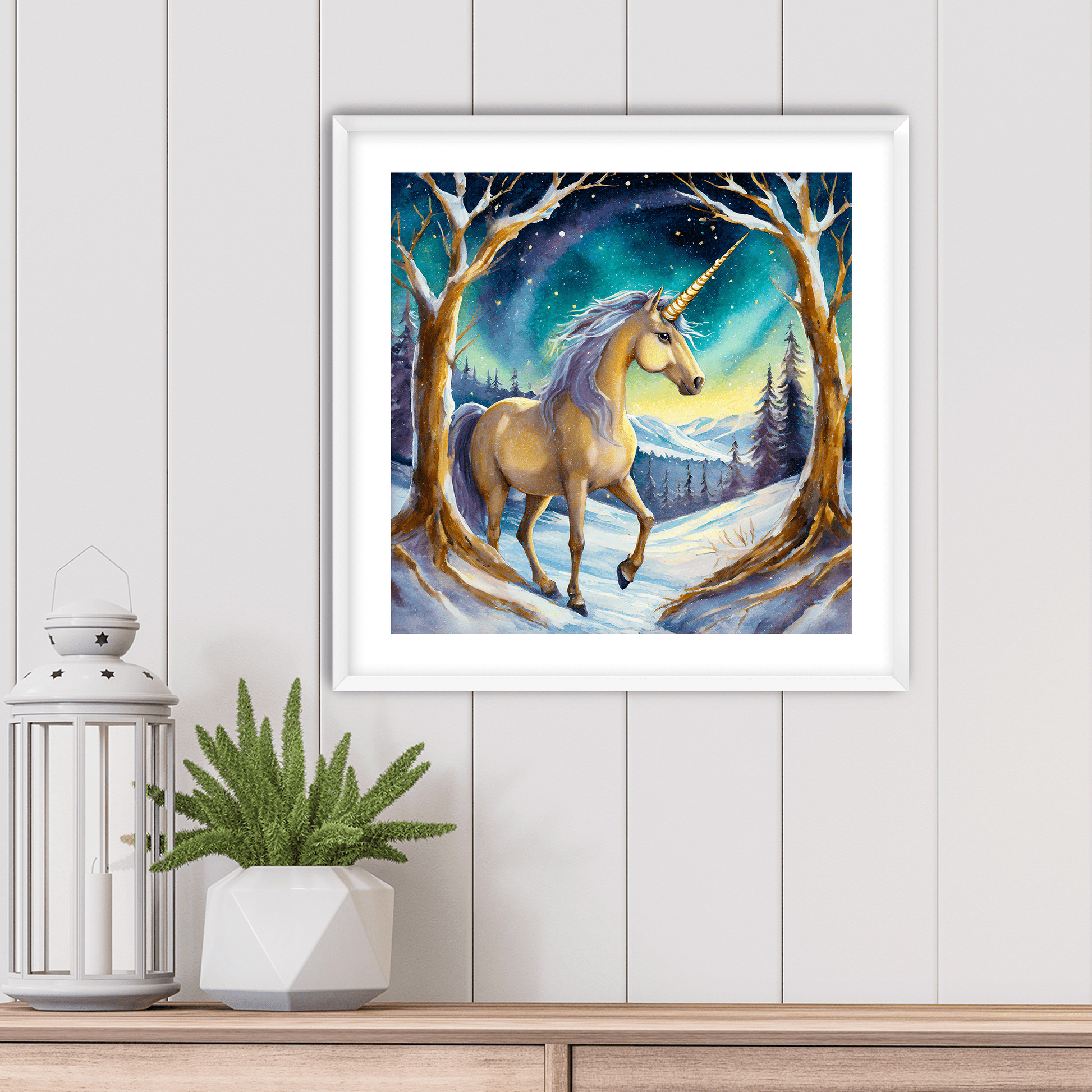 Golden Winter Unicorn - Art Print - Framed - Premium Framed Art Print